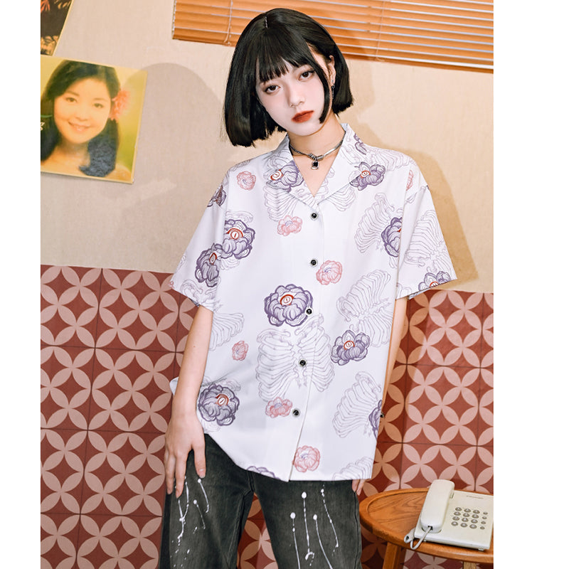 [Kogaesha---Flower Bone Series] ★Chinese-style tops★ 2 colors Short-sleeved tops Short-sleeved shirts Printed Unique Original Black White 