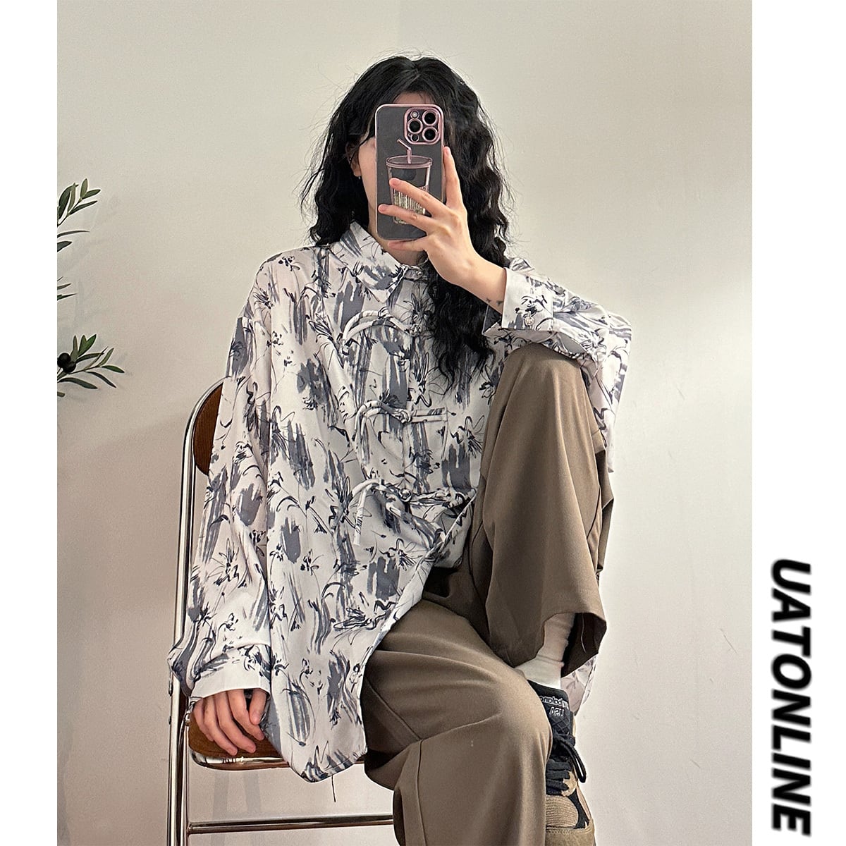 ✿New item! [UATONLINE Series] ★China style shirt★ Long sleeve shirt Ink pattern tops Unisex Men's China button