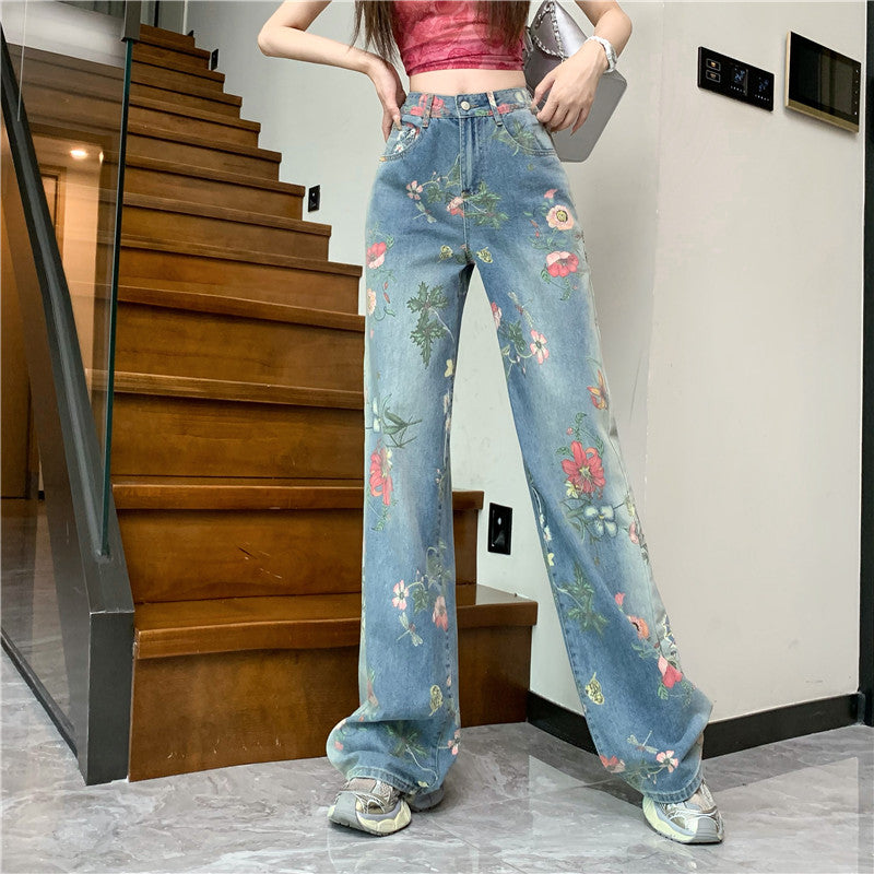 [KAHY Series] ★Denim pants★ Trousers Bottoms Casual Floral Blue Stylish Print