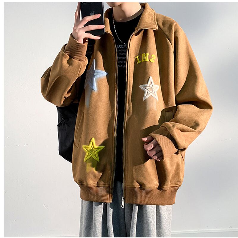 [ZUNKUN series]★Jacket★ 3color outerwear unisex men's suede star pattern brown black green