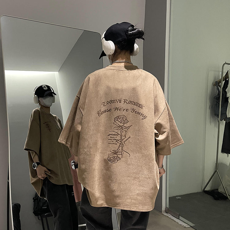 【NANSHIシリーズ】★Tシャツ★ 5color トップス 半袖 男女兼用 メンズ 大きいサイズ スエード 薔薇 バラ