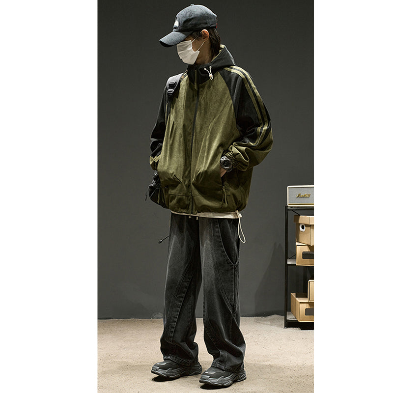 [ZHUOKAI Series] ★Jacket★ 2color outerwear, unisex, men's color scheme, hat included, vertical stripes, striped pattern