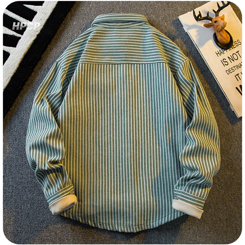 [HPCP Series]★Shirt★ 3color Tops Long Sleeve Shirt Unisex Men's Vertical Striped Striped Pattern Black Khaki Brown Green