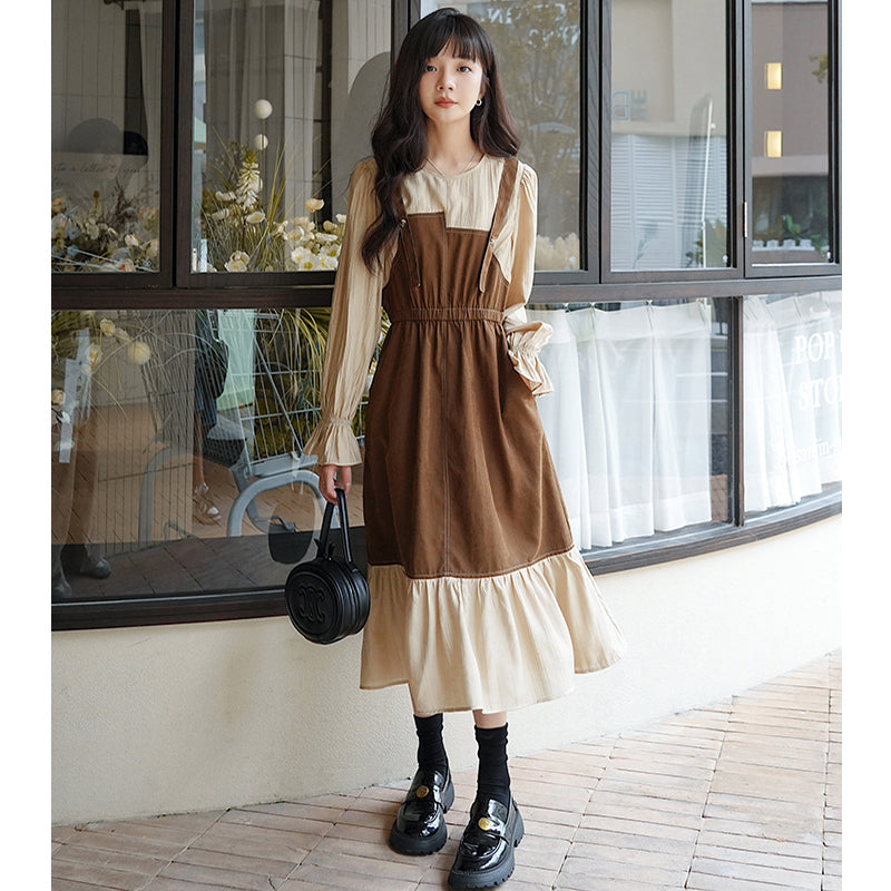 【KUKUシリーズ】★ワンピース★ フェイクレイヤード レトロ 長袖 レディース デート 秋服 合わせやすい