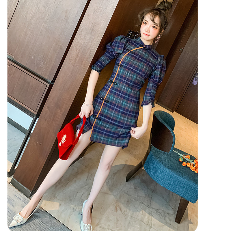 [WEISILU Series]★Cheongsam dress★ Chinese-style dress, plaid pattern, short length, date, wedding, blue-green