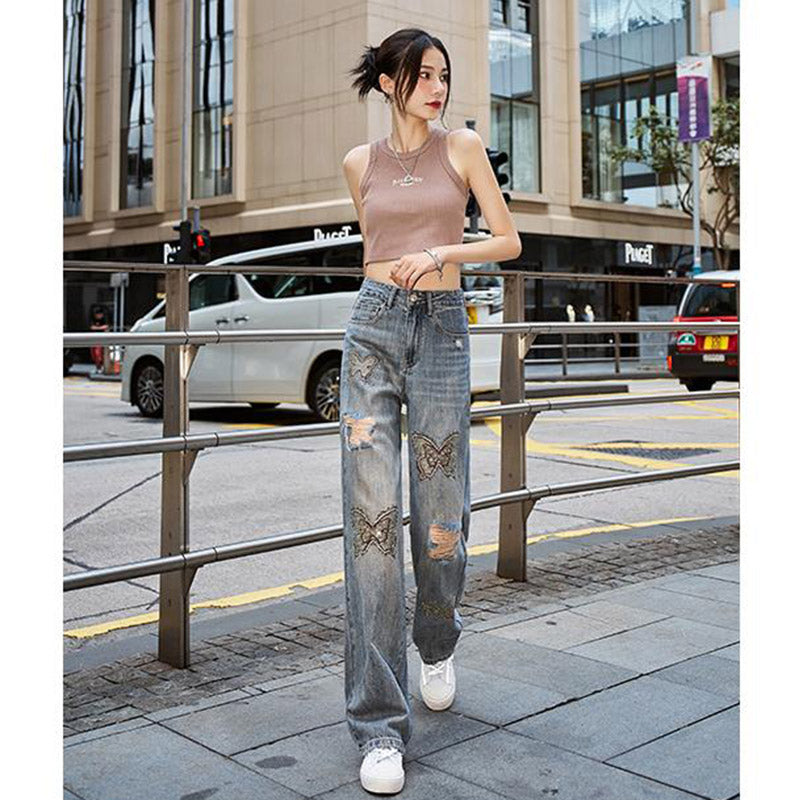 [HANMOYAN Series] ★Denim pants★ Pants Bottoms Butterfly Unique Women's Cute Easy to match