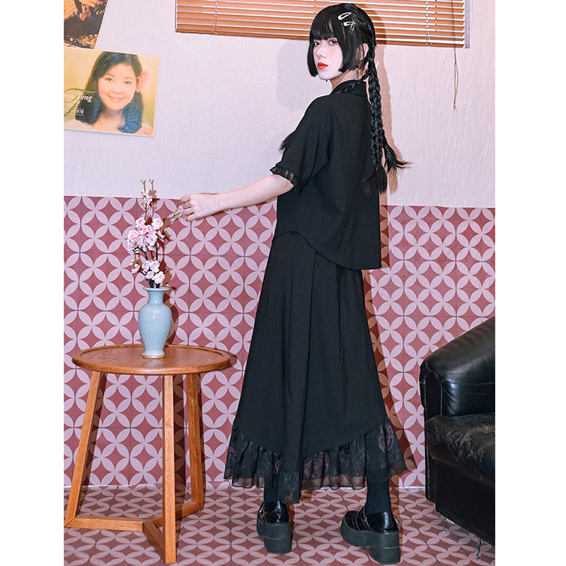 [Kokaisha Series] ★China style pants★ Chiffon gaucho pants Spring/Summer Loose Black Black SML XL