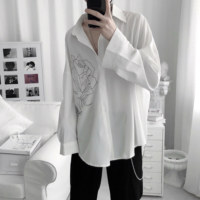 [Fudoku Sensei Series]★Shirt★ 2color long sleeve shirt tops unisex men's black white rose