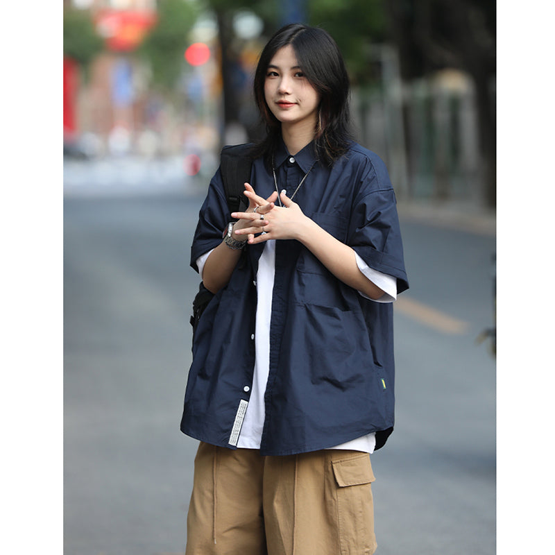 [JIWU series] ★Chinese style tops★ 2 colors Shirt Outerwear Short sleeve Denim Unisex Men's Casual Black Blue