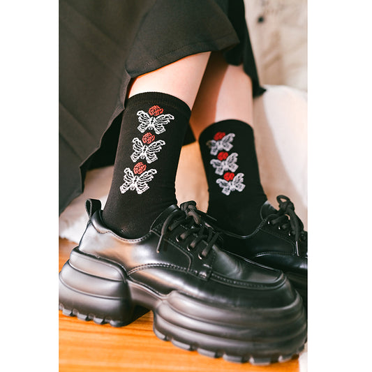 [Kogakusha---Flower Bone Series] ★Socks★ Chinese-style socks, cotton, butterfly print, easy to match, black