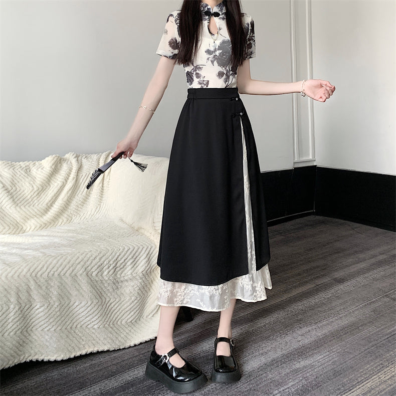 [FQXD Series]★China Style Skirt★ Bottoms Ladies Switching Black Black Elastic Waist