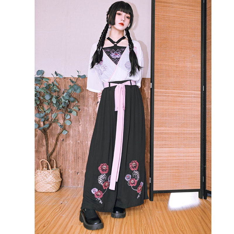 [Kokaisha Series] ★China style pants★ Chiffon gaucho pants Spring/Summer Loose Black Black SML XL