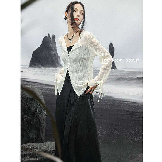 [Daiseiryuu 4 Series] ★Chinese-style top★ V-neck, sheer, long-sleeved shirt, sun protection, Chinese clothing, sexy, black