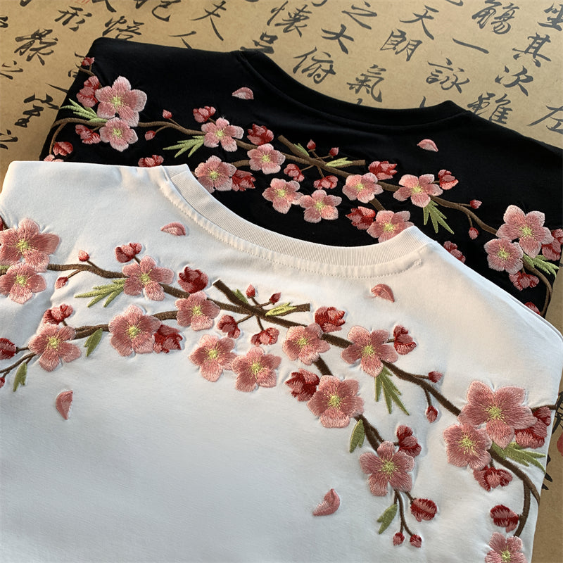 【Vesiboシリーズ】★チャイナ風トップス★ Tシャツ 半袖 刺繍 花柄 梅の花 男女兼用 メンズ ブラック ホワイト