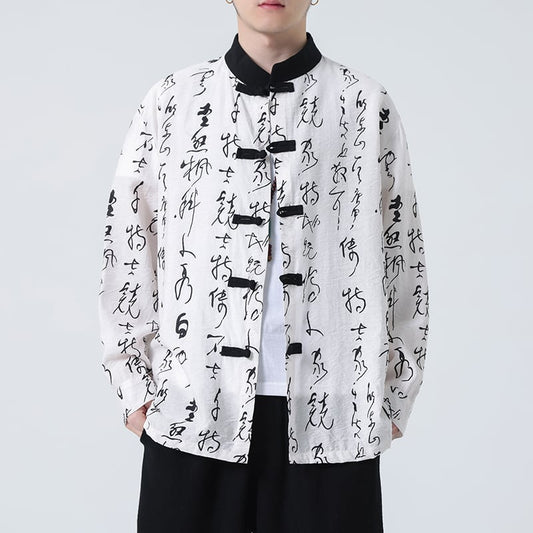 [YISHUO Series] ★China style shirt★ Long sleeve shirt Letter pattern Unisex Men's Large size Improved Tang suit Retro