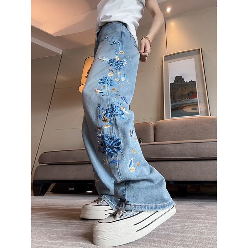 [OURI Series] ★Denim pants★ Trousers Bottoms Floral pattern Casual Easy to match Ladies Fashionable