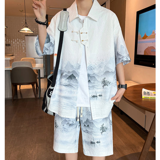 [WUSHE Series] ★Chinese style set up★ 3 colors Shirt + shorts Unisex Men's Large size Cool