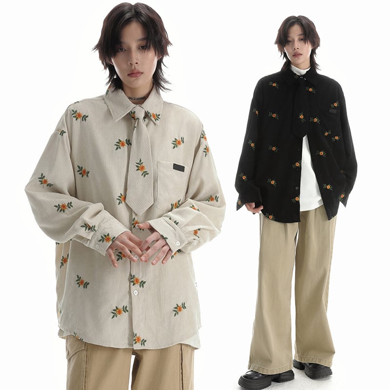 [SAMEUOO Series]★Shirt with tie★ 2color embroidery long sleeve shirt tops corduroy unisex men's