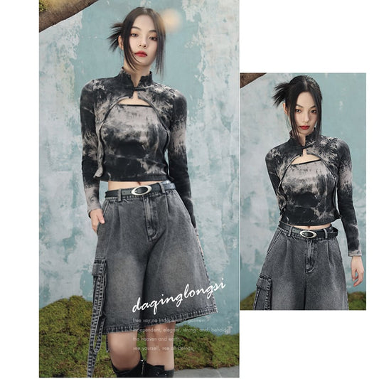 [Daiseiryusu Series] ★Chinese style tops★ T-shirt, tie-dye, slimming, fake layered, Chinese style