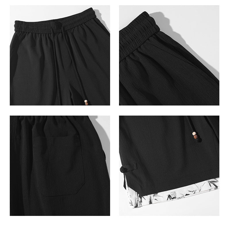 [BIGEMAN Series] ★Shorts★ Chinese-style pants, 2 colors, bottoms, short pants, unisex, men's, fake layered, black, gray