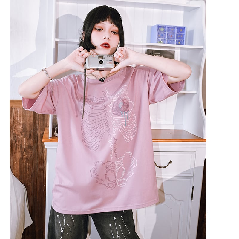 【古怪舍---花骨シリーズ】★チャイナ風トップス★ 2color 半袖 Tシャツ プリント 個性的 オリジナル ブラック ピンク