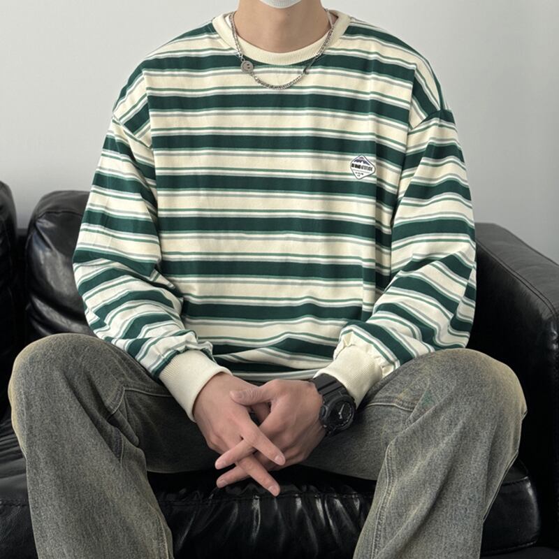 [V37 Series] ★Tops★ 2color sweatshirt unisex men's horizontal striped striped pattern black green easy to match