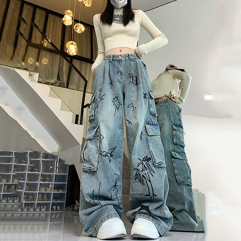 [Rosepoem Series] ★Denim pants★ Trousers Bottoms Casual Unisex Graffiti Blue