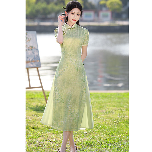 [HLQ Series] ★Chinese Dress★ Chinese-style one-piece dress, Ao Dai, cute, green, coming-of-age ceremony, date, birthday