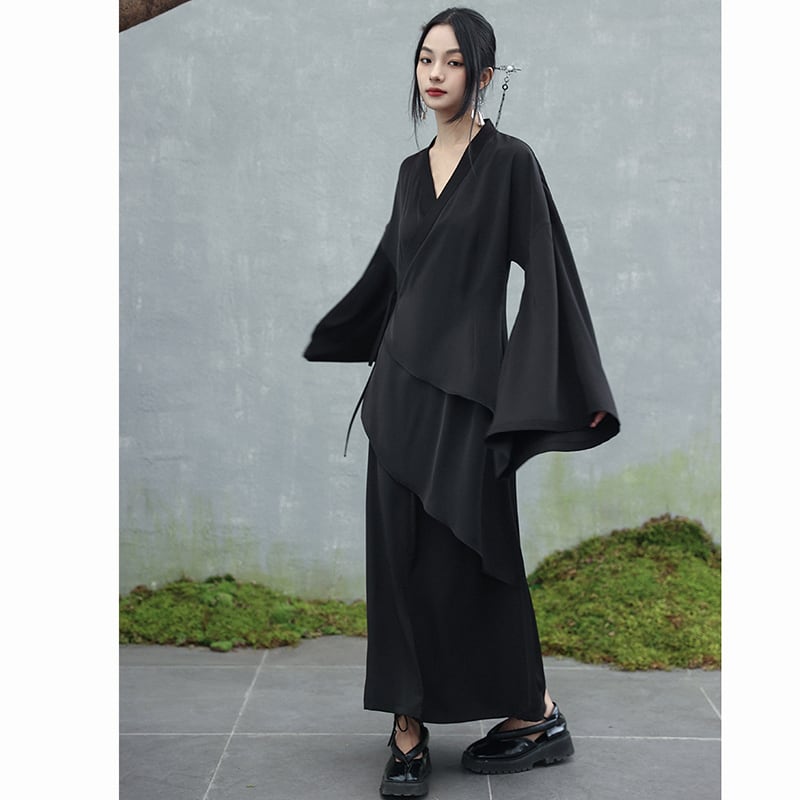 ✿New item! [Da Qinglong Shu Series]★Chinese style dress★ Belted dress Hanfu dress V neck long length Black Black