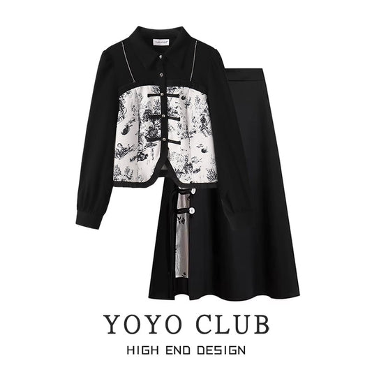 [YOYO CLUB Series] ★China style tops★ China style shirt ink pattern switching black black