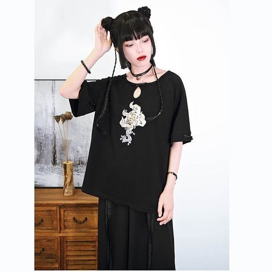 [Kokaisha --- Kirin Series] ★China style top★ T-shirt embroidered cotton Easy to match Black Black