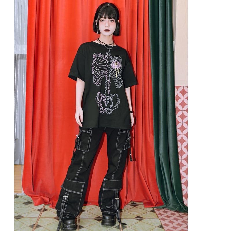 【古怪舍---花骨シリーズ】★チャイナ風トップス★ 2color 半袖 Tシャツ プリント 個性的 オリジナル ブラック ピンク