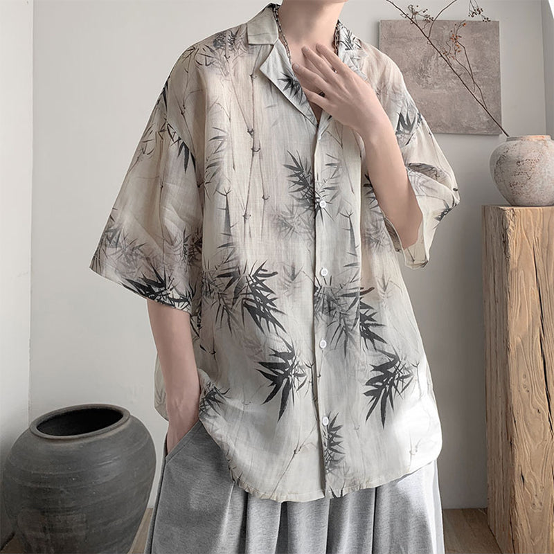 [Vesibo Series] ★Chinese-style top★ Shirt, short sleeves, unisex, men's, bamboo, bamboo pattern, ink painting pattern, retro, casual