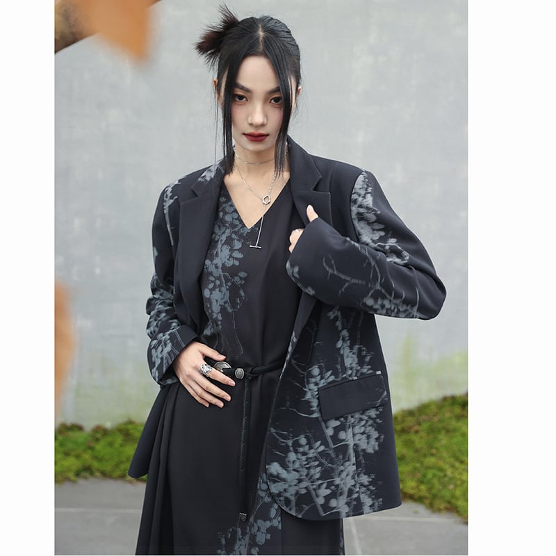 ✿New item! [Big Blue Dragon Series] ★China style outerwear★ Blazer print fashion black black