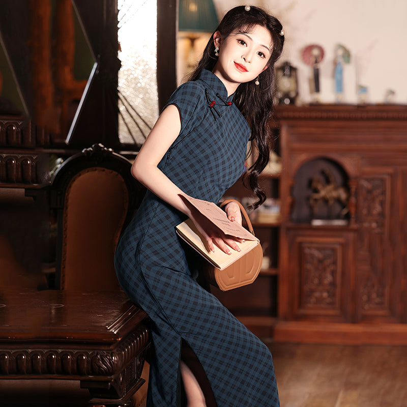 [HLQ Series] ★Chinese Dress★ Chinese-style dress, check pattern, retro, Republic of China style, long length, elegant