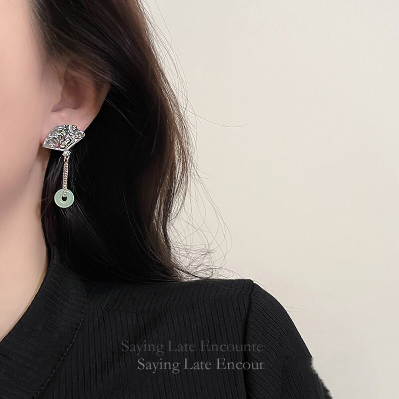 [YANWANYU Series] ★Chinese style earring★ Earrings Accessories Women's Fan Asymmetrical Fringe Flower Improves temperament