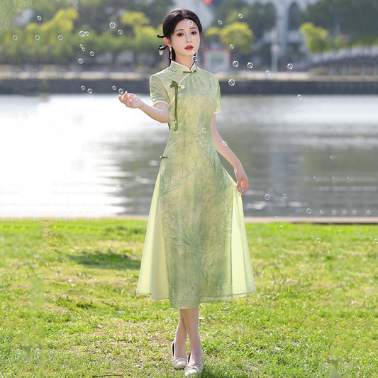 [HLQ Series] ★Chinese Dress★ Chinese-style one-piece dress, Ao Dai, cute, green, coming-of-age ceremony, date, birthday