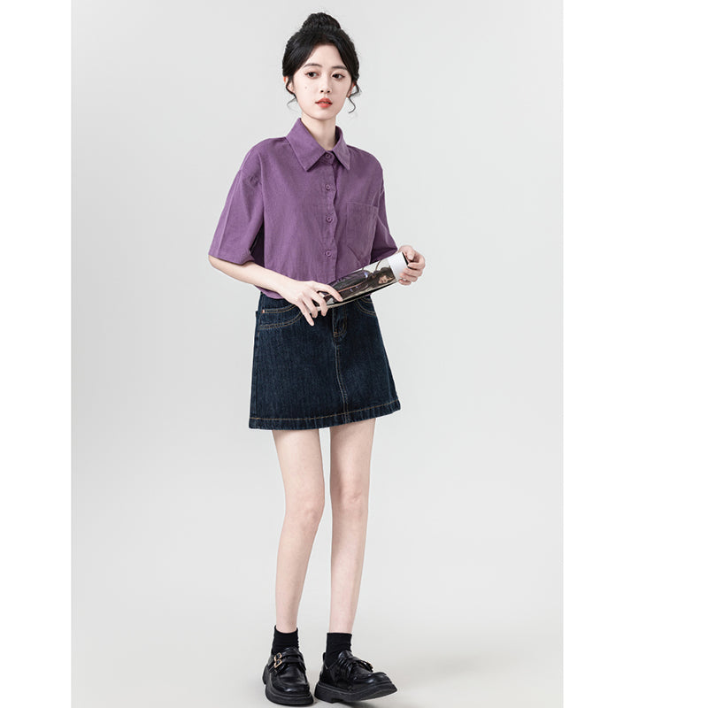 [WEIWU Series] ★Shirt★ 2 colors Short sleeve Tops for women Easy to match Improve your style Purple Beige