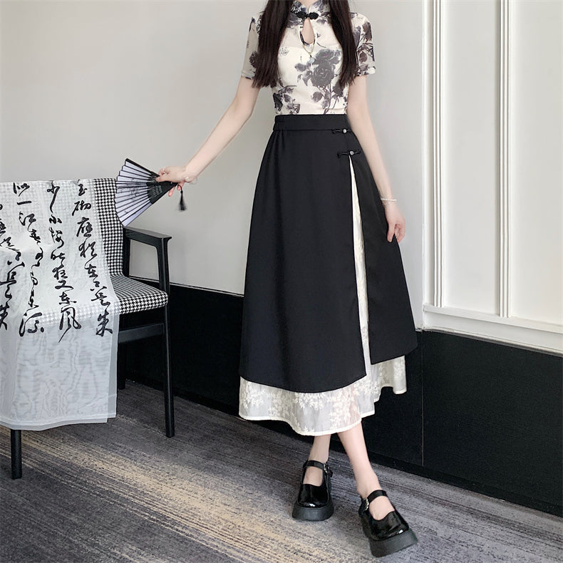 [FQXD Series]★China Style Skirt★ Bottoms Ladies Switching Black Black Elastic Waist