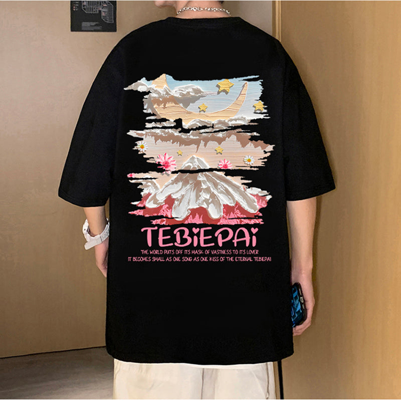 [TBP Series]★T-shirt★ 5color Tops Short Sleeve Unisex Men's Large Size Cotton Snowy Mountain Print