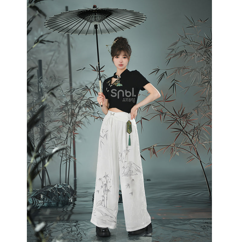 [Kokaisha---Butterfly Gin Series] Chinese-style trousers, bottoms, gaucho pants, original, slimming, switching, floral pattern