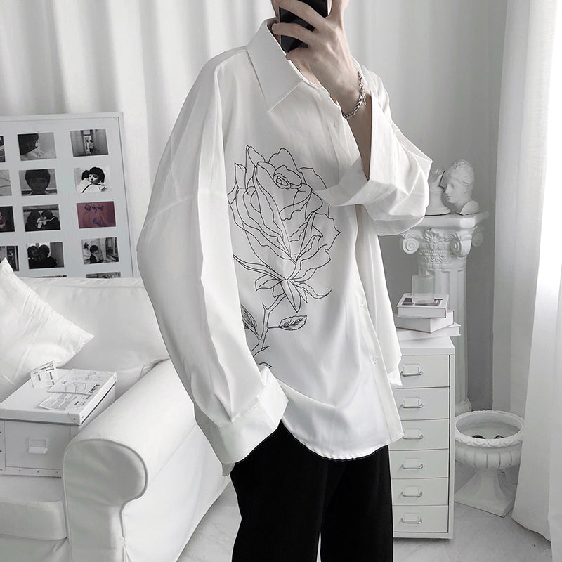 [Fudoku Sensei Series]★Shirt★ 2color long sleeve shirt tops unisex men's black white rose