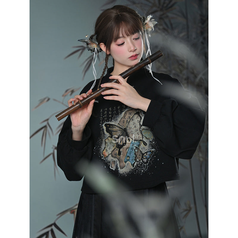 [Mori Onna Buraku Series] ★China style tops★ 2color butterfly short length sweatshirt original easy to match