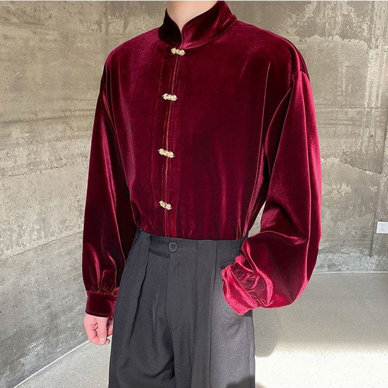 [Illustrated series] ★China style shirt★ 2color long sleeve shirt tops velvet unisex men's black wine red