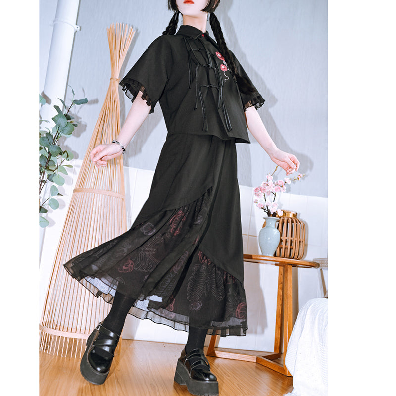 [Kokaisha Series] ★China style pants★ Chiffon gaucho pants Spring/Summer Loose Black Black SML XL