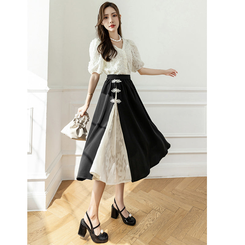 [Women's University 18 Series] ★China Style Skirt★ Bottoms Ladies Switching Black Black Elastic Waist