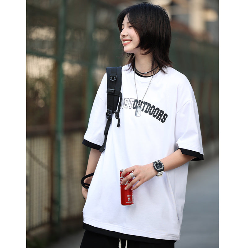 【NCLLWシリーズ】★Tシャツ★ 3color トップス 男女兼用 メンズ コットン フェイクレイヤード アルファベット 黒 白 赤