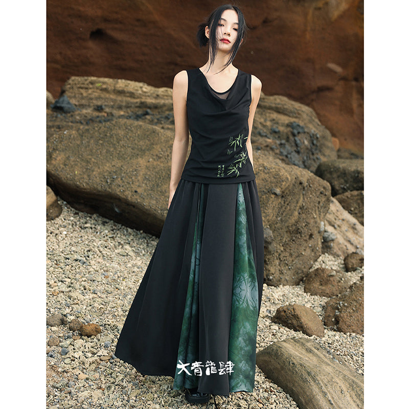 [Big Blue Dragon Series]★China style trousers★Bottoms Gaucho pants Loose Casual Black Black