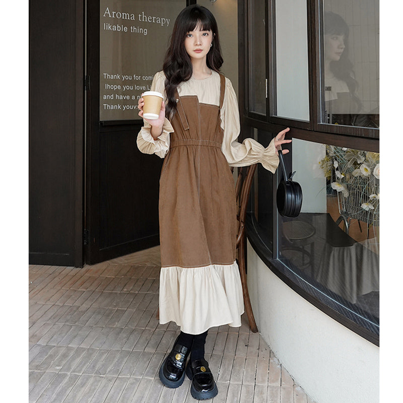 【KUKUシリーズ】★ワンピース★ フェイクレイヤード レトロ 長袖 レディース デート 秋服 合わせやすい