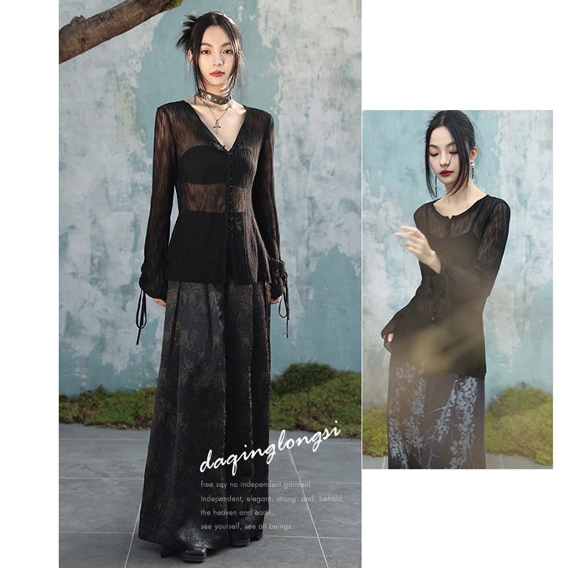 [Daiseiryuu 4 Series] ★Chinese-style top★ V-neck, sheer, long-sleeved shirt, sun protection, Chinese clothing, sexy, black